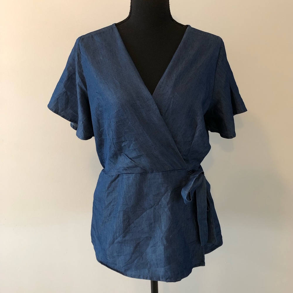 Women’s Alex & Parker Deep Blue Short Sleeve Wrap Blouse size L